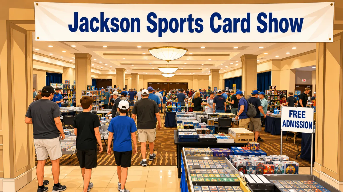 Jackson Sports Card Show banner hangs above a packed hotel ballroom of vendor tables, glass card cases, and a Free Admission sign at the entrance.