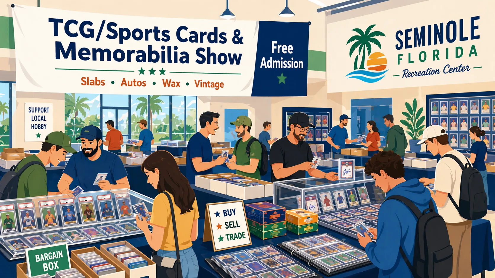 Illustration of the TCG/Sports Cards & Memorabilia Show in Seminole, Florida, inside a community rec center with vendor tables, display cases, slabs, wax, card boxes, binders, and collectors browsing.