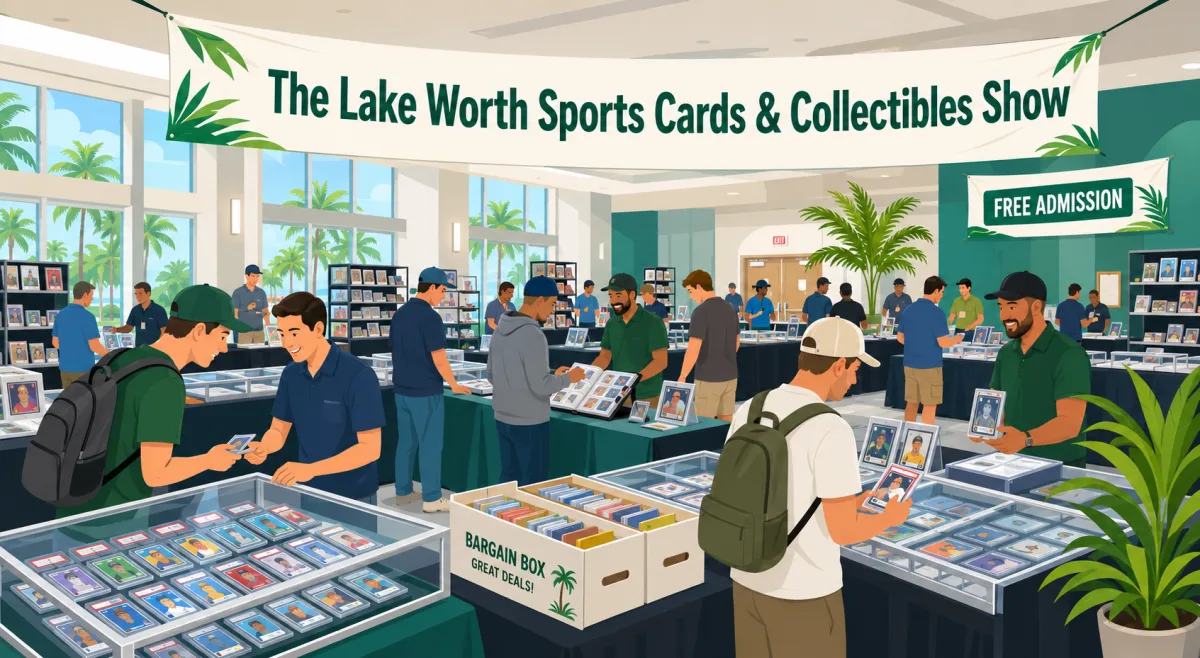 The Lake Worth Sports Cards and Collectibles Show, with collectors browsing graded card slabs in glass cases and a bargain box of deals.