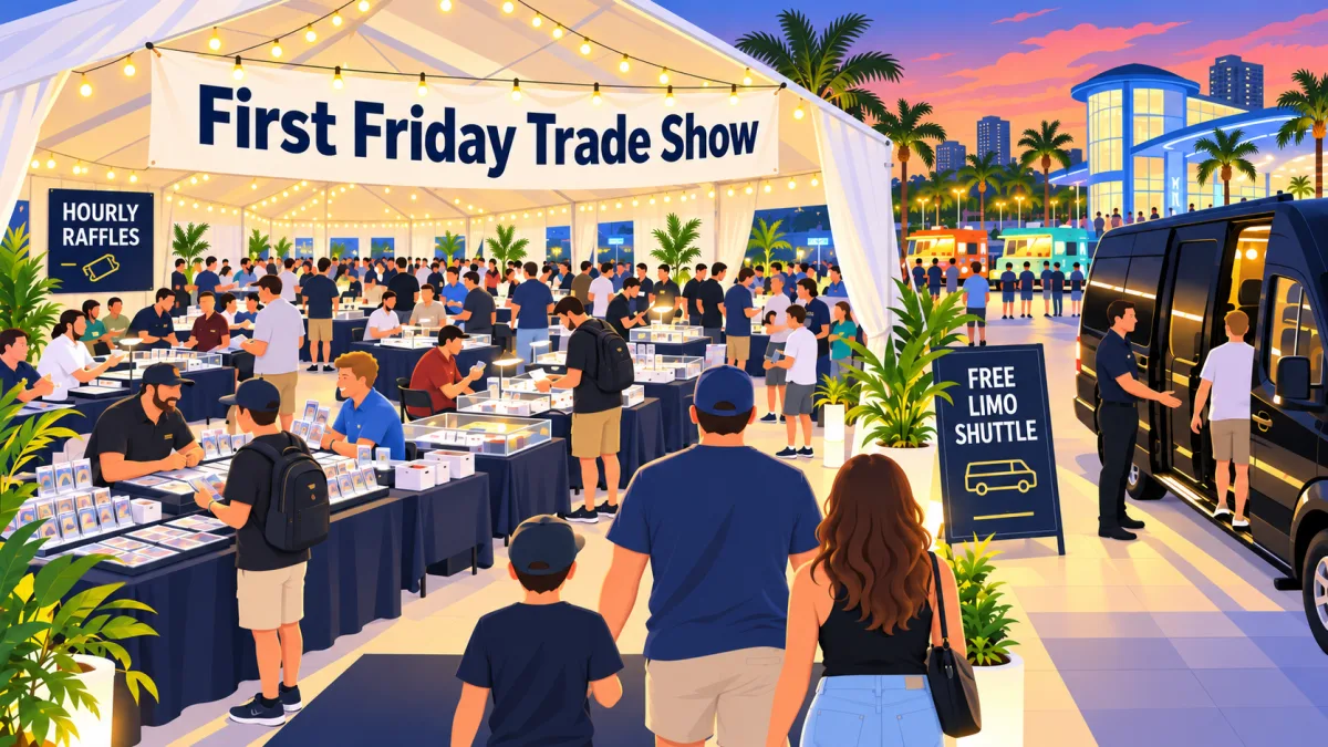 Illustration of collectors browsing card tables inside a lighted party tent beneath a First Friday Trade Show banner, with a shuttle arriving outside.