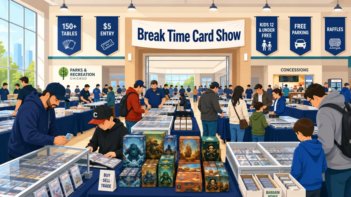 Break Time Card Show in Chicago, busy floor with glass cases of graded cards, sealed booster box displays, and a buy sell trade table.