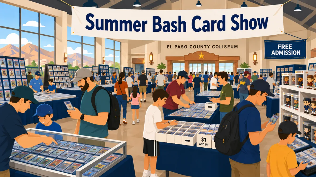 Summer Bash Card Show at El Paso County Coliseum in El Paso, Texas, with crowded vendor tables of graded card cases, dollar bargain boxes, and collectible figures