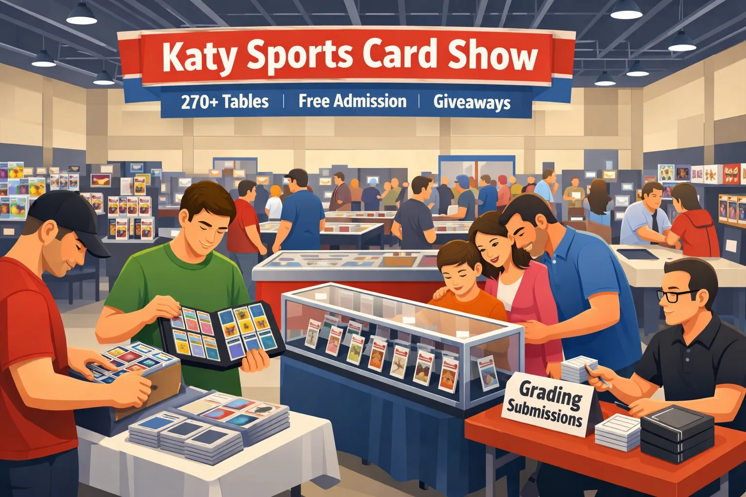 Katy Sports Card Show illustration showing a busy April 2026 card show in Katy, Texas, with vendor tables, display cases, sports cards, Pokémon binders, toys, comics, memorabilia, free admission signage, and families browsing inside a large civic center.