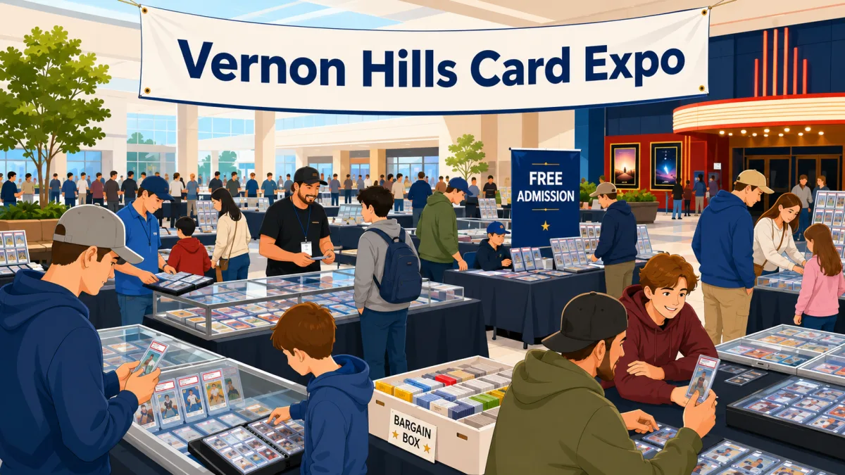 Vernon Hills Card Expo crowd browsing glass cases of graded slabs, bargain boxes, and vendor tables inside a mall concourse near a theater marquee.