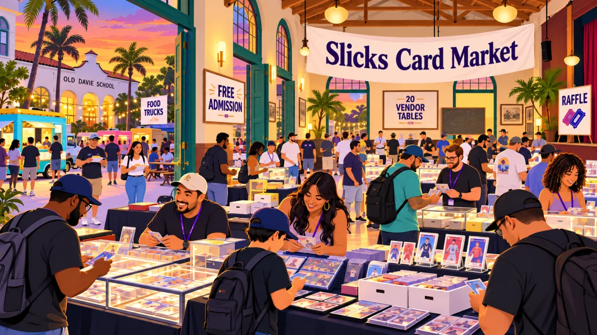Illustration of collectors browsing card tables inside Old Davie School beneath a Slicks Card Market banner, with food trucks outside at sunset.