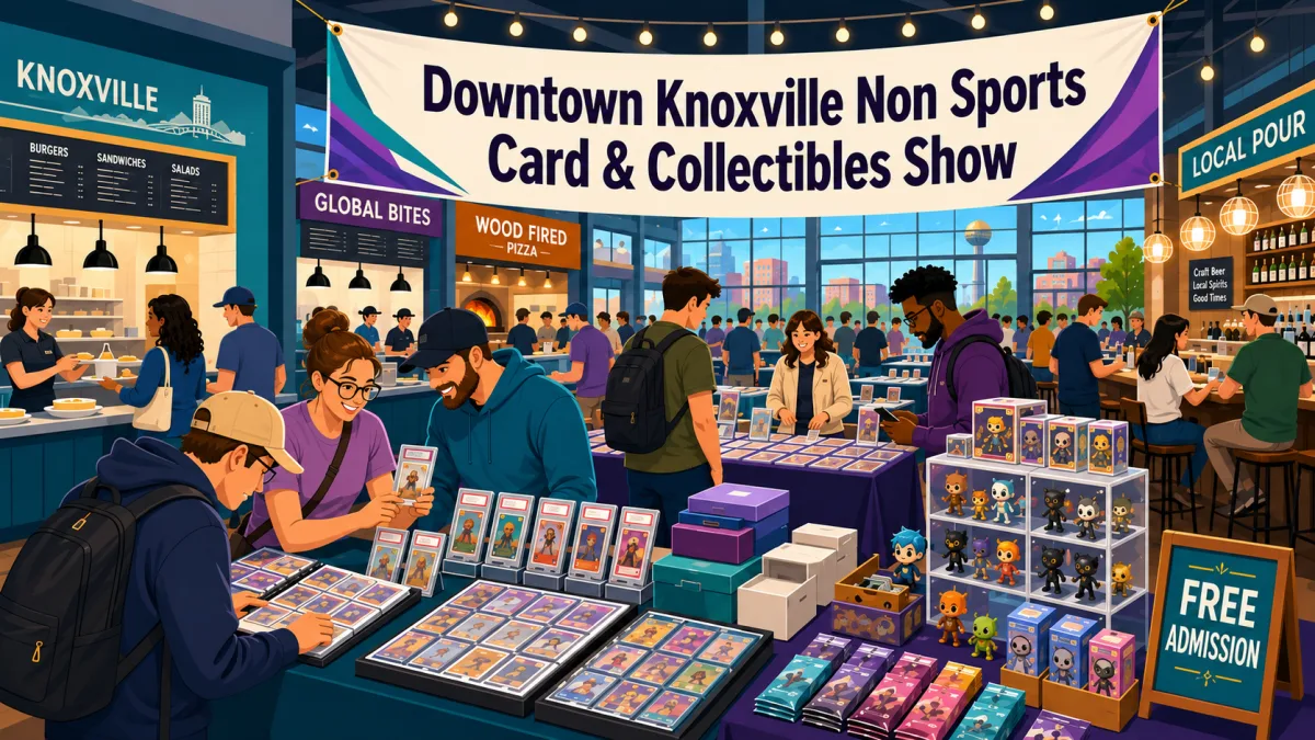 Collectors browse trading cards and pop-culture collectibles at vendor tables inside a downtown Knoxville food hall beneath the event banner.