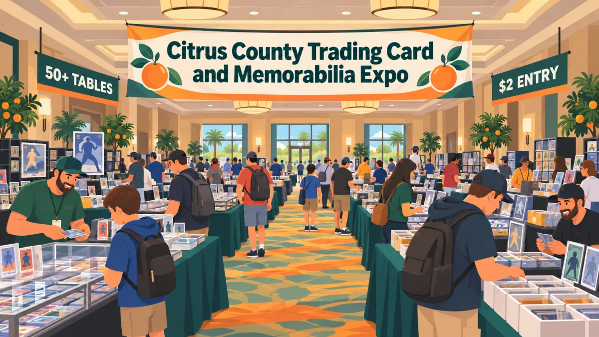 Illustration of the Citrus County Trading Card and Memorabilia Expo inside a Hernando hotel conference room, with collectors browsing vendor tables, display cases, binders, slabs, and bargain boxes.