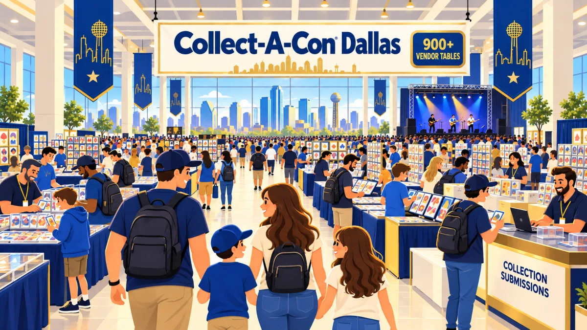 Collectors and families browse trading card displays beneath a Collect-A-Con Dallas banner in a spacious convention hall. A collection submission counter and a distant stage sit beside the vendor aisles.
