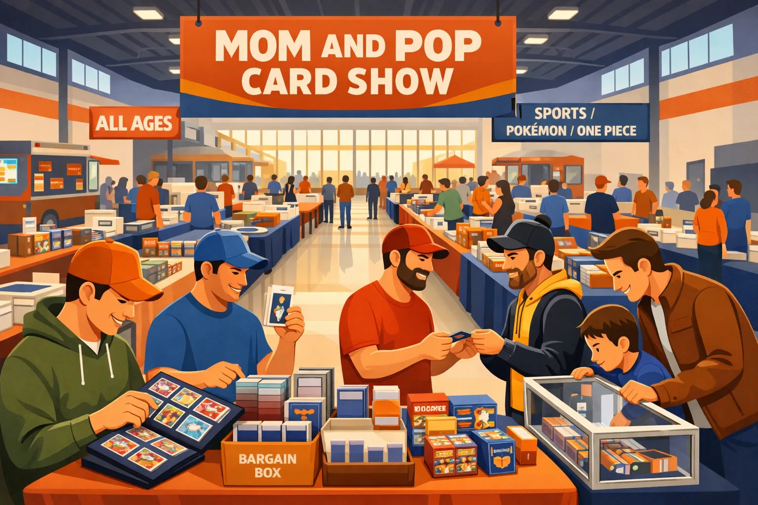 Mom and Pop Card Show at The Fieldhouse in Leander, Texas on October 18, 2026, with collectors browsing sports cards and TCG tables, a man smiling after finding a wanted sports card, and a dad helping his son choose from a glass display case.
