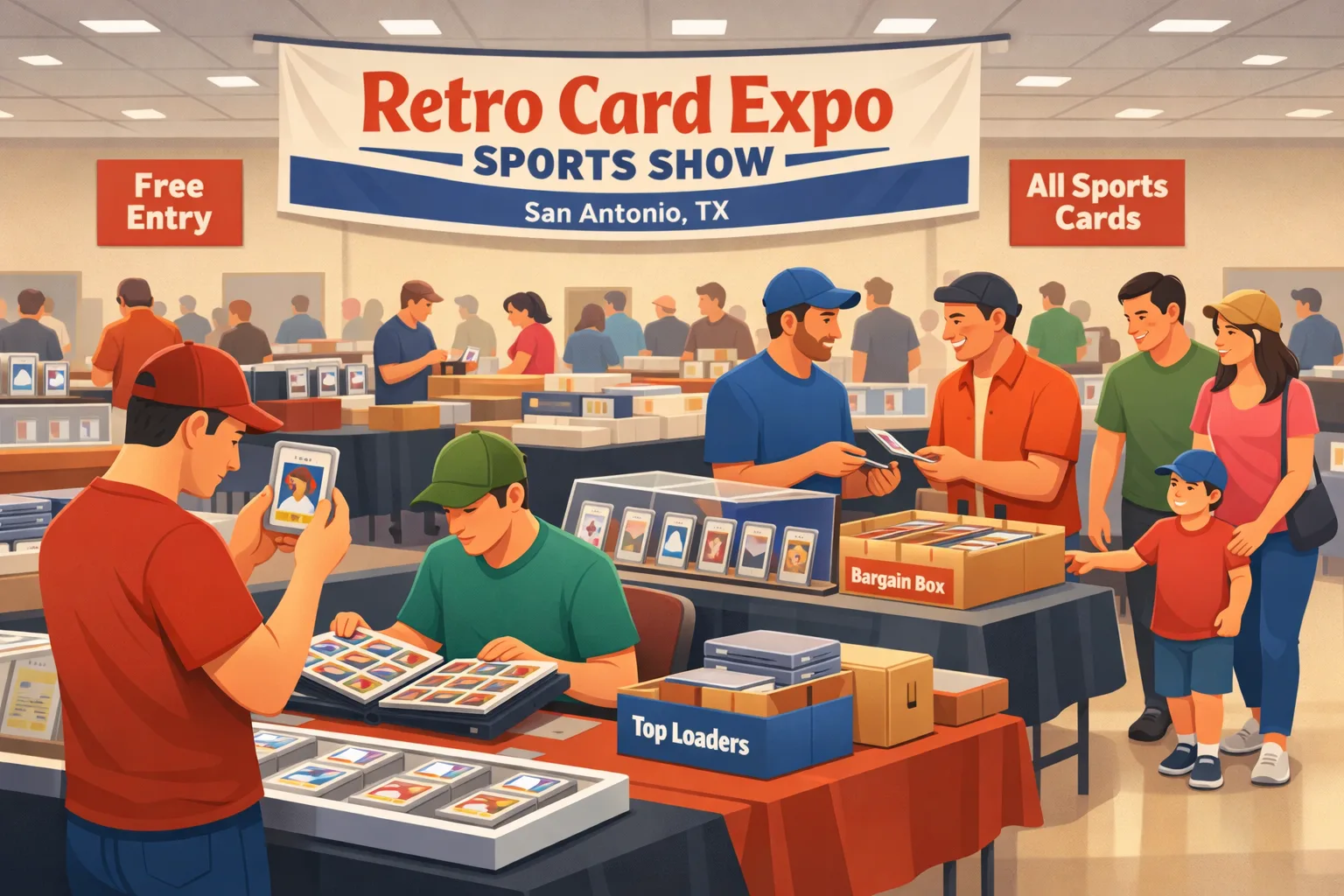 Retro Card Expo Sports Show hero image showing a busy San Antonio sports card event in April 2026, with vendor tables, graded slabs, display cases, bargain boxes, and collectors browsing baseball, football, basketball, soccer, hockey, and UFC cards.