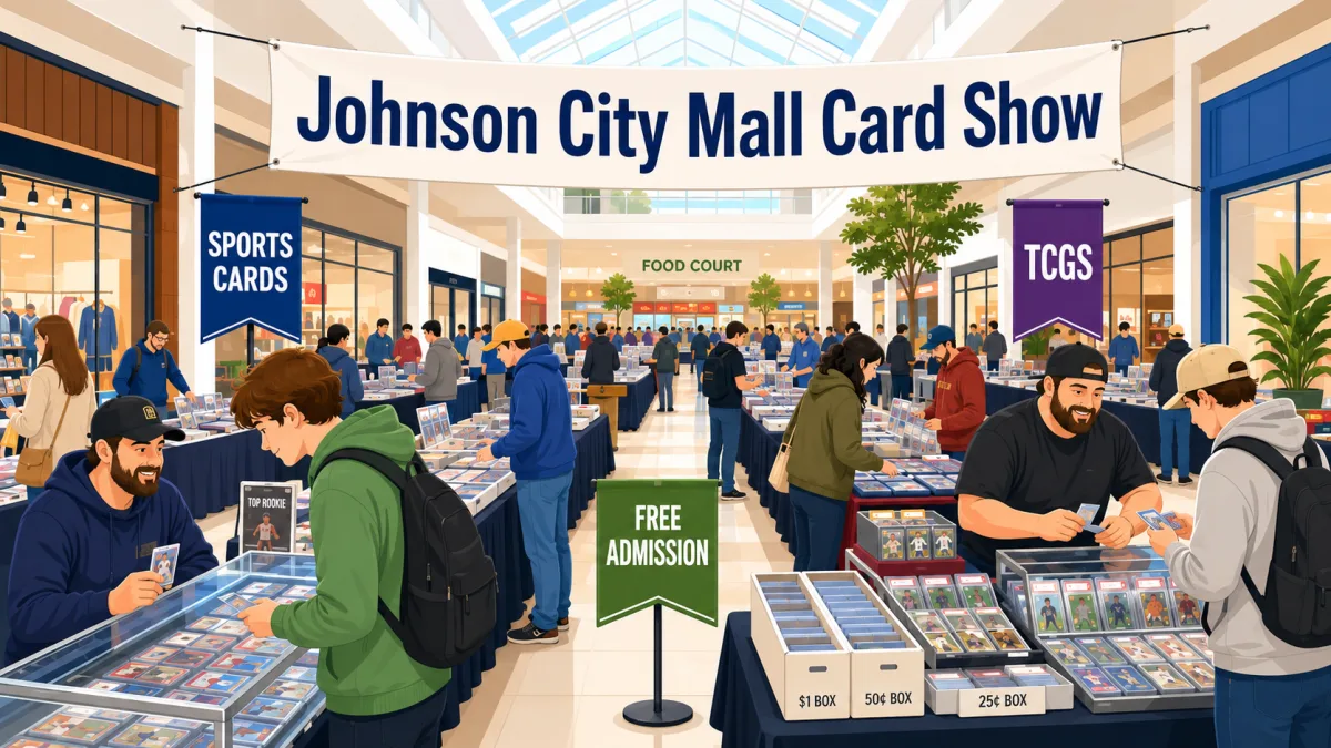 Johnson City Mall Card Show with vendor tables of graded sports cards in glass cases, Sports Cards and TCG banners, and dollar bins in a busy mall atrium