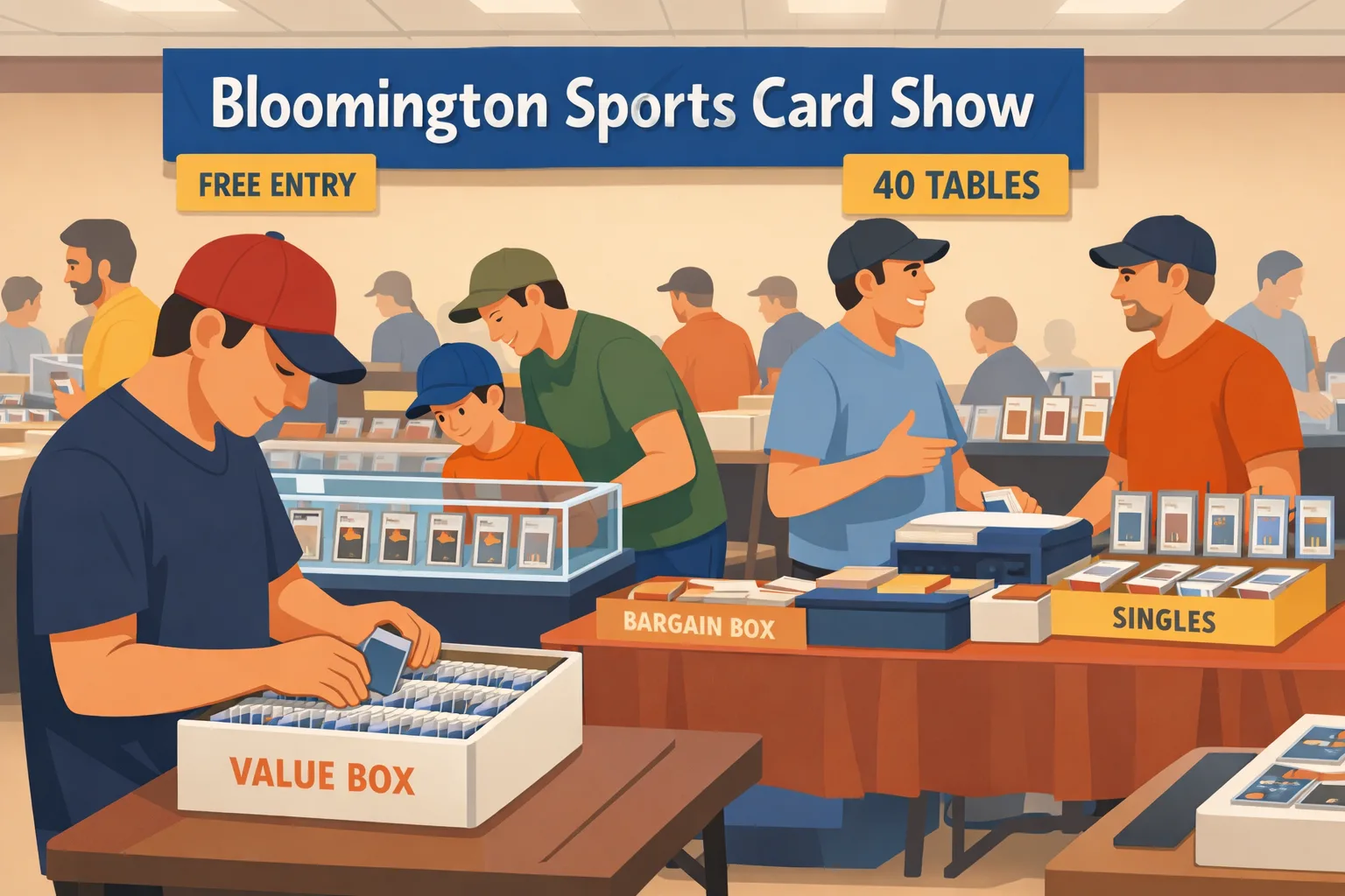 Bloomington Sports Card Show in Bloomington, Illinois, inside a smaller hotel conference room with vendor tables, glass cases, sports card slabs, singles boxes, and collectors browsing in a relaxed local hobby setting.