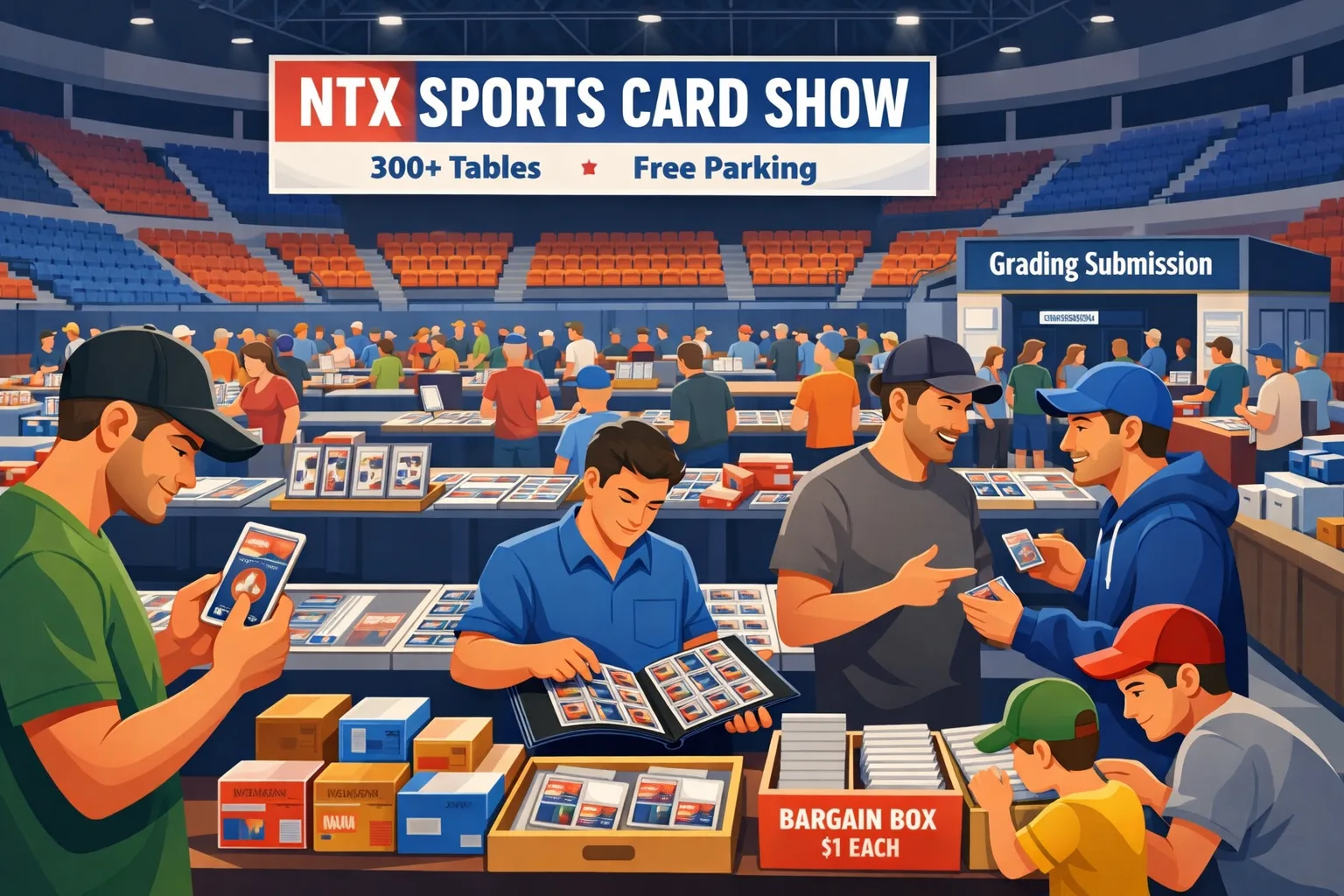 NTX Sports Card Show hero illustration showing collectors browsing sports cards, graded slabs, value boxes, and vendor tables inside NTX Arena in Lewisville during the April 2026 Dallas-Fort Worth card show, with a grading booth and family-friendly crowd.