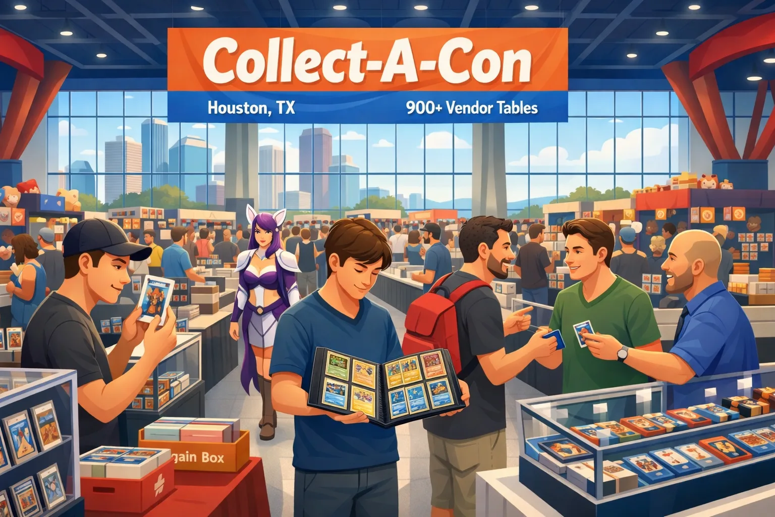 Collect-A-Con Houston November 2026 hero image showing a busy convention floor at George R. Brown Convention Center with collectors, trading cards, anime and pop culture vendors