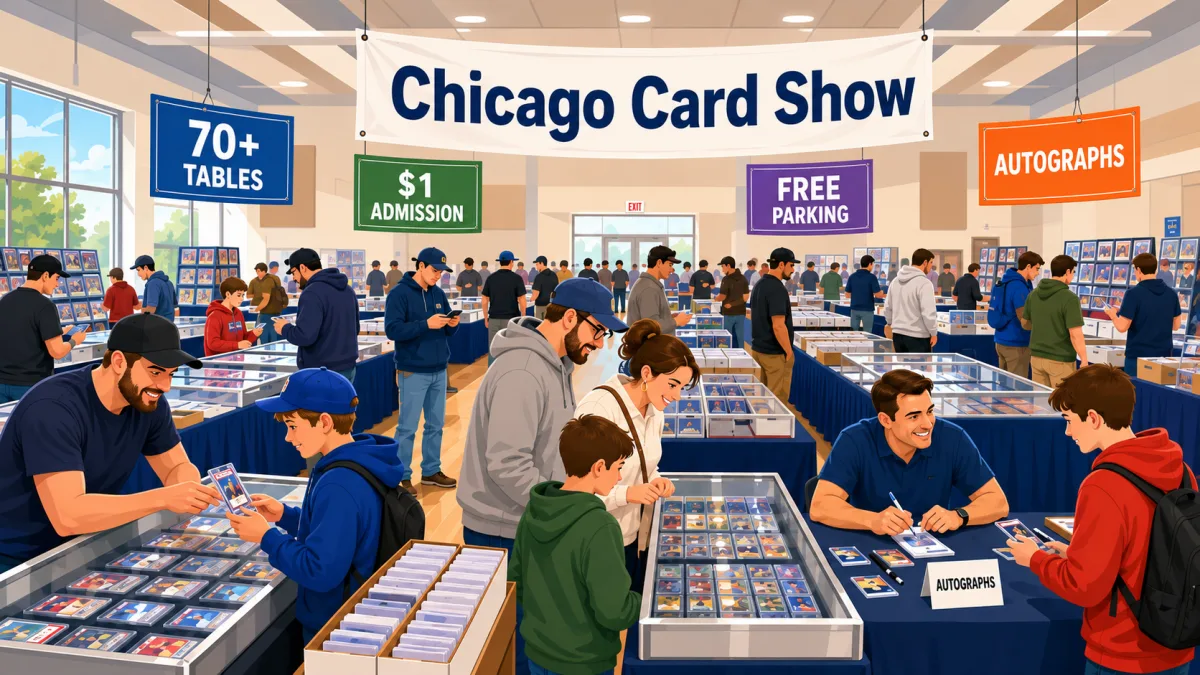 Chicago Card Show floor with 70+ vendor tables, an autograph signing area, and collectors of all ages browsing trading cards in display cases throughout a large hall.