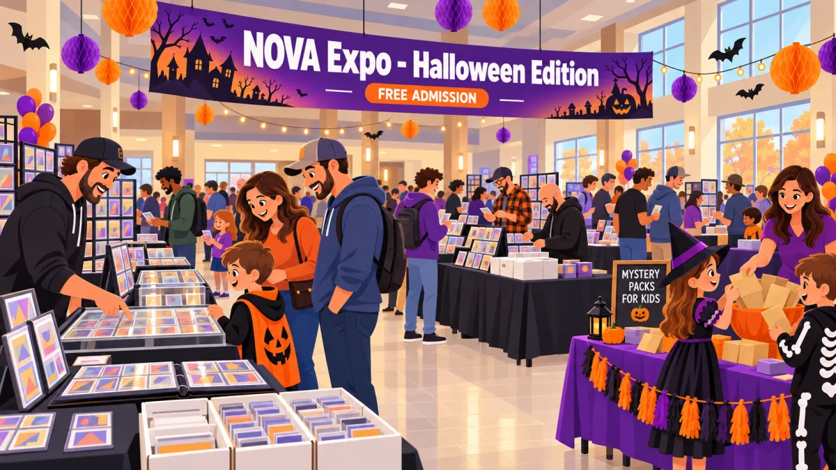 Families and collectors browse card and collectible tables inside a school event hall decorated in orange and purple for Halloween. A NOVA Expo - Halloween Edition banner hangs above the tables near a children's candy station.