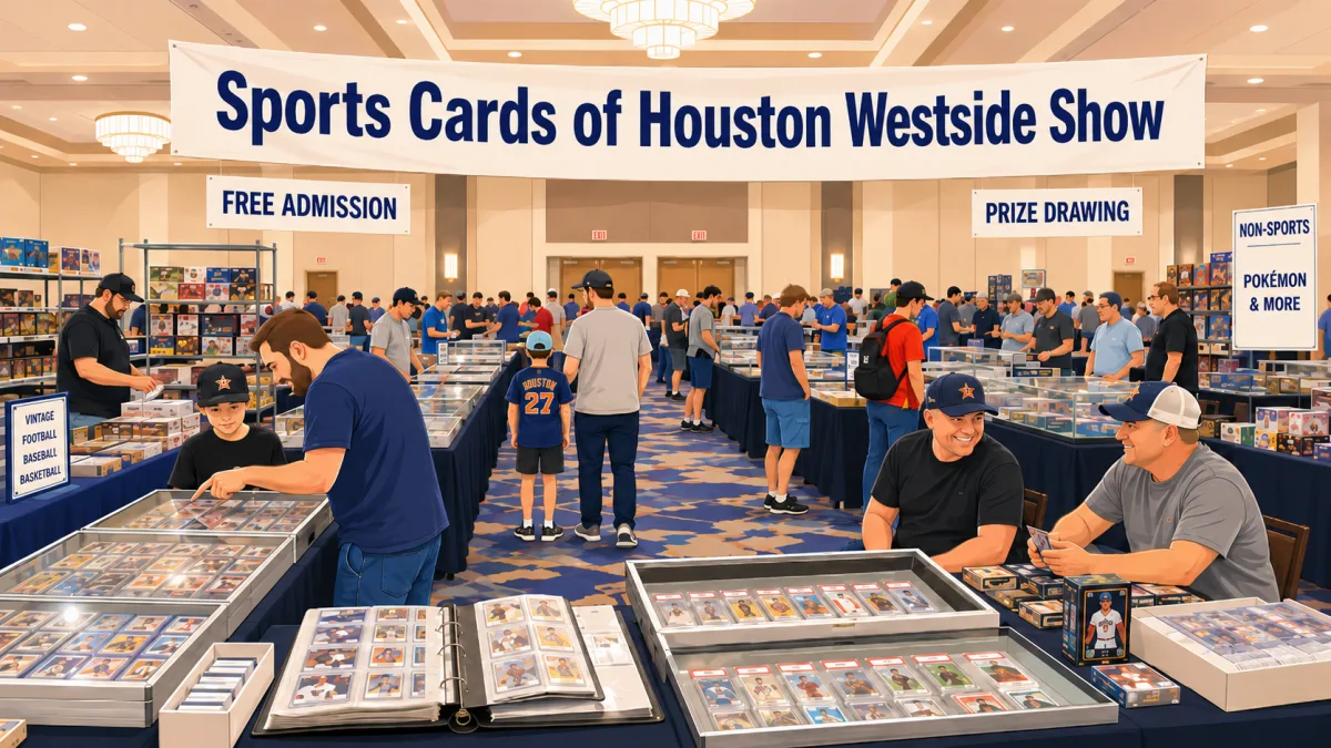 Sports Cards of Houston Westside Show, vendor hall with graded card displays, binders, and signs for vintage football, baseball, Pokémon, free admission, and prize drawing