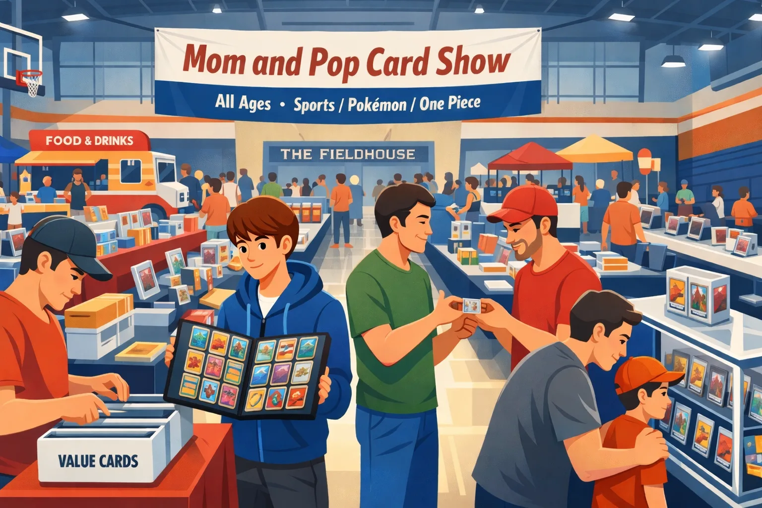 Mom and Pop Card Show at The Fieldhouse in Leander, Texas, with collectors browsing sports cards, Pokémon, One Piece, and other TCG items, including a collector facing the viewer, inside a bright indoor card show venue.