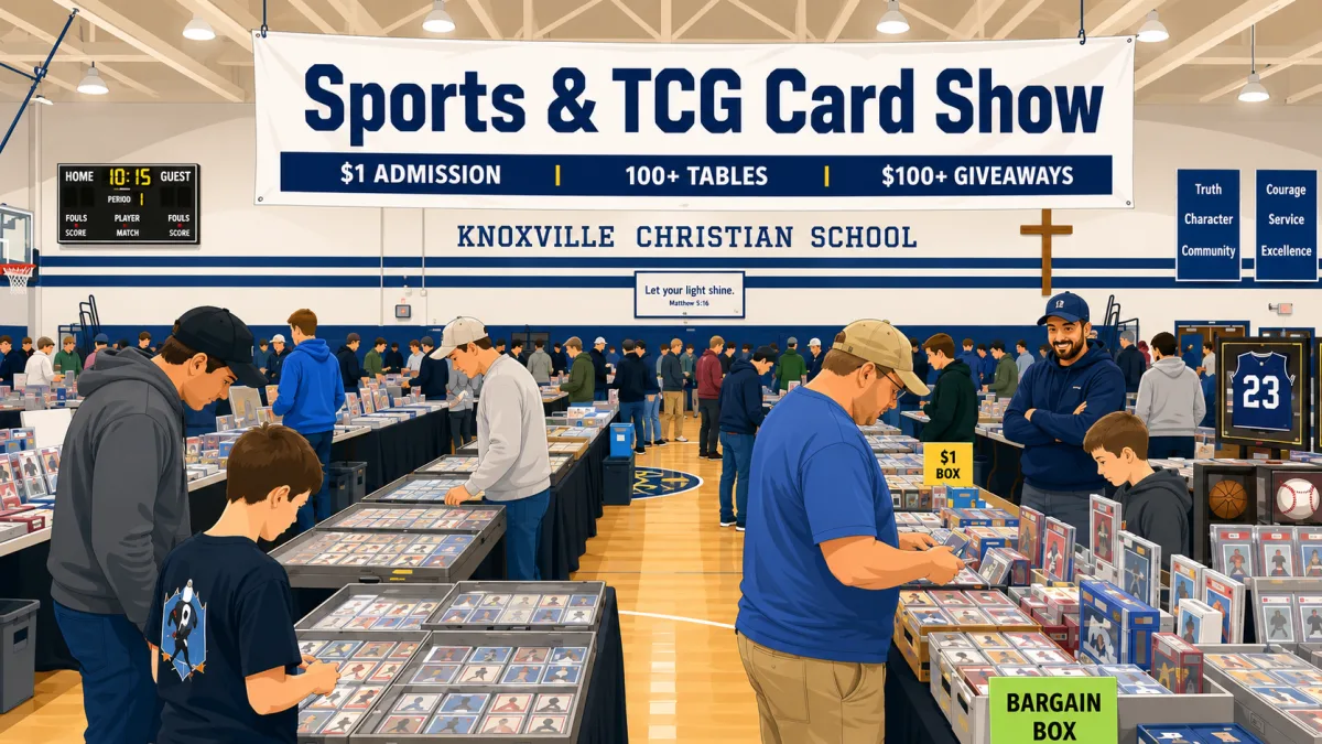 Sports & TCG Card Show at Knoxville Christian School in Knoxville, TN. Collectors browse tables of graded cards, a $1 box and bargain bins in the gym