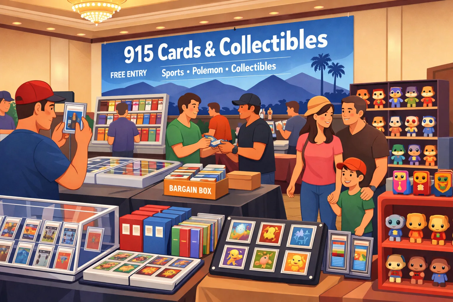 915 Cards & Collectibles card show at the Radisson Hotel in El Paso with vendor tables, sports cards, collectible displays, and attendees browsing during the May 30, 2026 event.