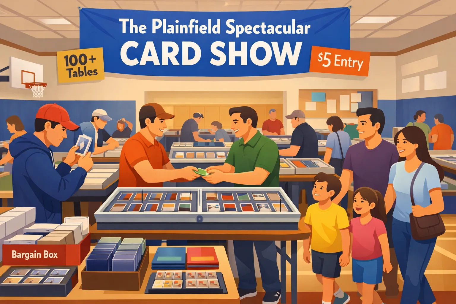 Hero illustration for The Plainfield Spectacular Card Show in Plainfield, IL, showing collectors browsing sports cards, TCG tables, display cases, graded cards, and vendor booths inside a lively school-hosted card show.