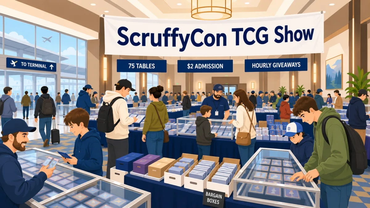 Illustration of collectors and families browsing trading-card tables in an airport-hotel meeting hall beneath a ScruffyCon TCG Show banner with 75-table, $2 admission, and hourly-giveaway callouts.