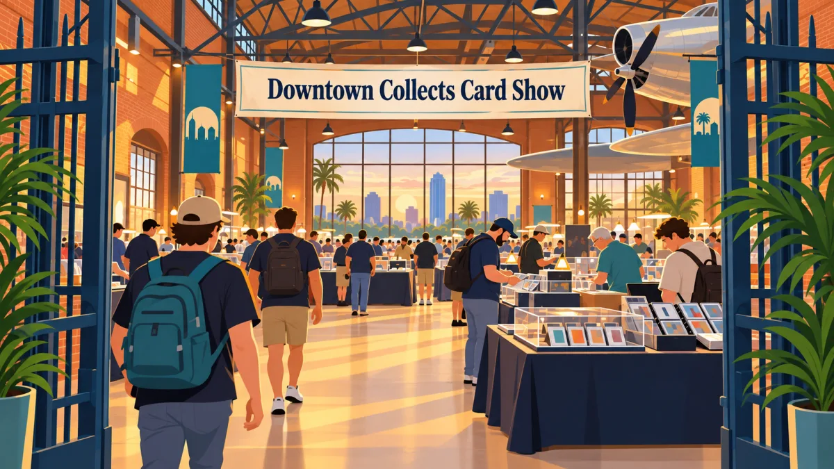 Collectors browse trading card tables inside a historic hangar with exposed beams and warm brick walls. A Downtown Collects Card Show banner hangs above the marketplace.