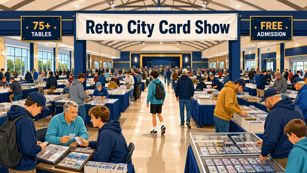Illustration of collectors browsing sports card tables inside Five Points Washington beneath a Retro City Card Show banner with 75+ tables and free admission callouts.