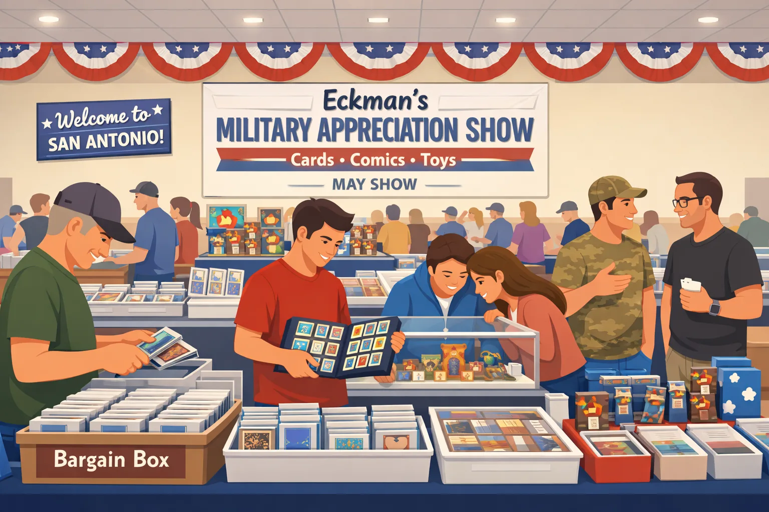 Illustration of Eckman’s Military Appreciation Show in San Antonio, Texas, featuring collectors browsing sports cards, Pokémon binders, comics, toys, and display cases at a spring 2027 card and collectibles event.