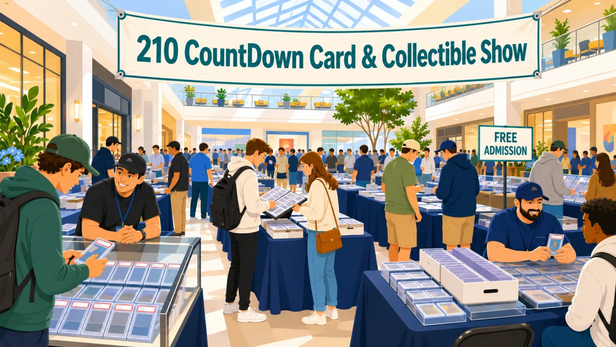 Illustration of collectors browsing and trading at vendor booths inside a San Antonio shopping mall beneath a 210 CountDown Card & Collectible Show banner.