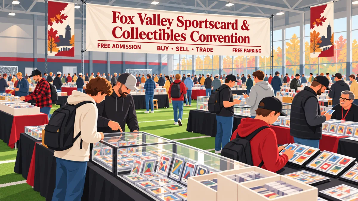 Collectors browse card tables on an indoor soccer field beneath a Fox Valley Sportscard & Collectibles Convention banner with free-admission and free-parking signs.