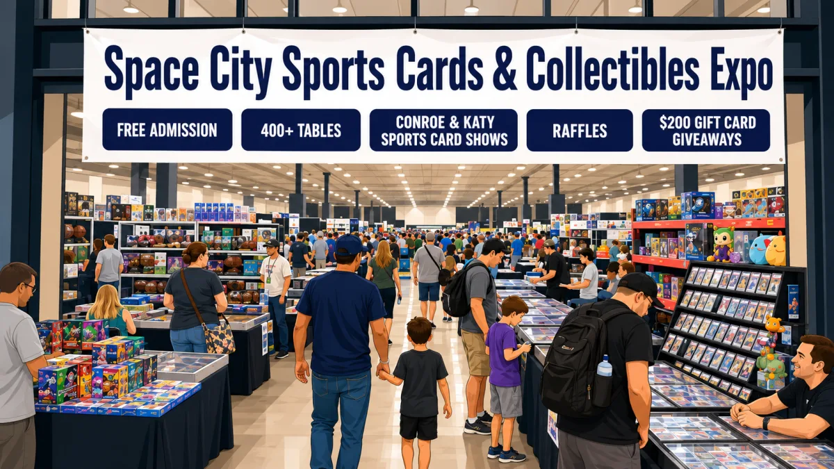 Space City Sports Cards and Collectibles Expo: crowded vendor aisles, graded card display cases, and sports memorabilia at a packed Houston-area hall.