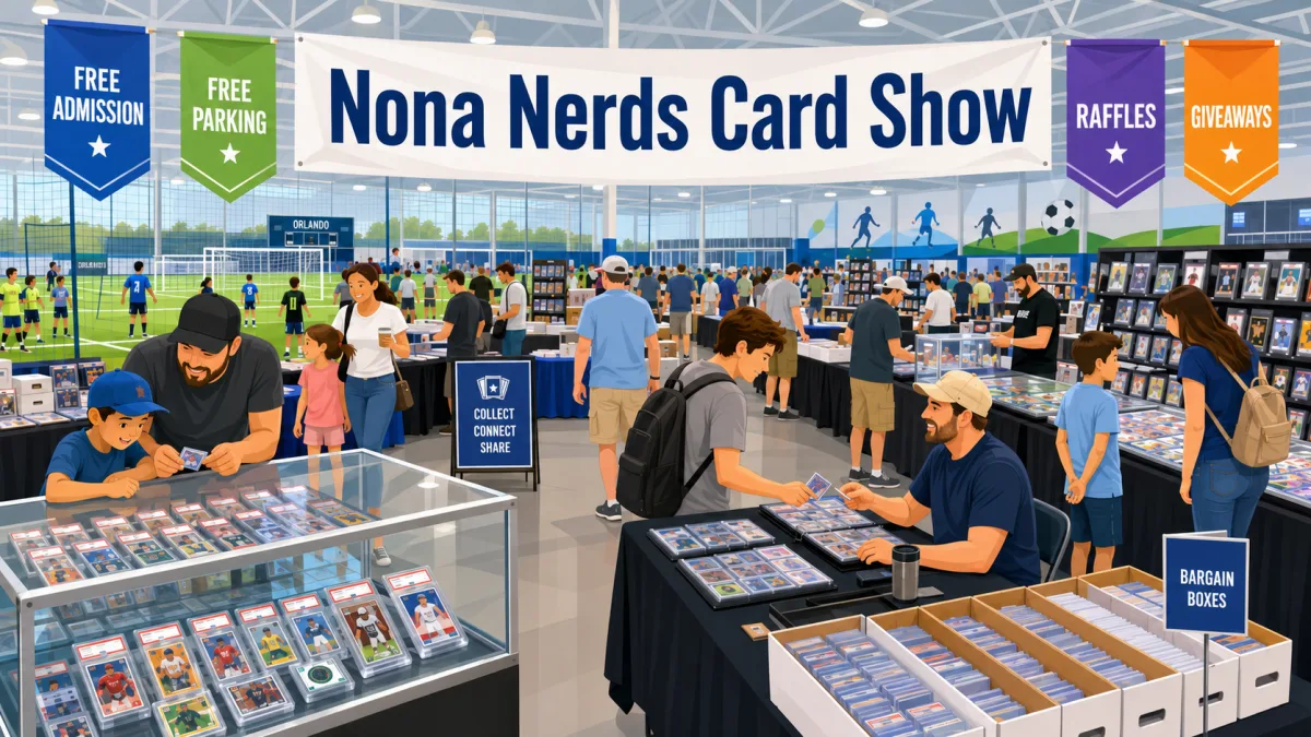 Nona Nerds Card Show at an indoor soccer complex in Orlando, Florida, featuring graded card display cases, bargain boxes, and rows of vendor tables.
