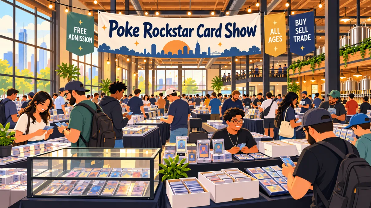 Collectors browse and trade cards at vendor tables inside a warm industrial brewery hall beneath a Poke Rockstar Card Show banner.