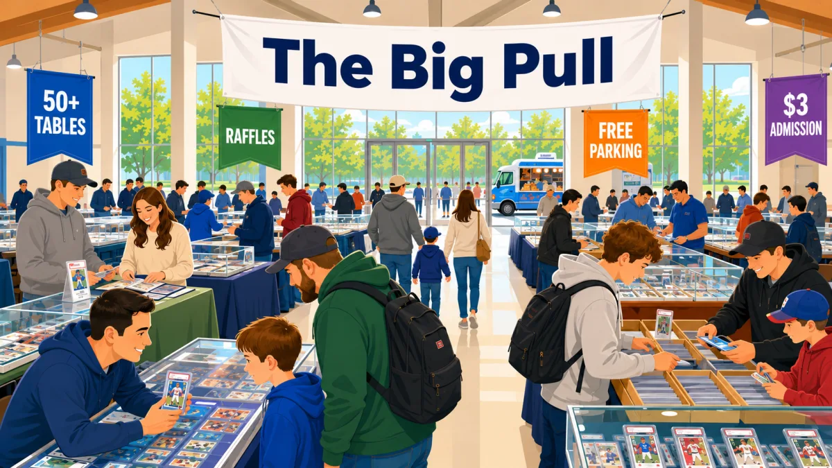 The Big Pull trading card show with 50 plus vendor tables, graded cards in lit glass display cases, and families browsing as a food truck waits outside