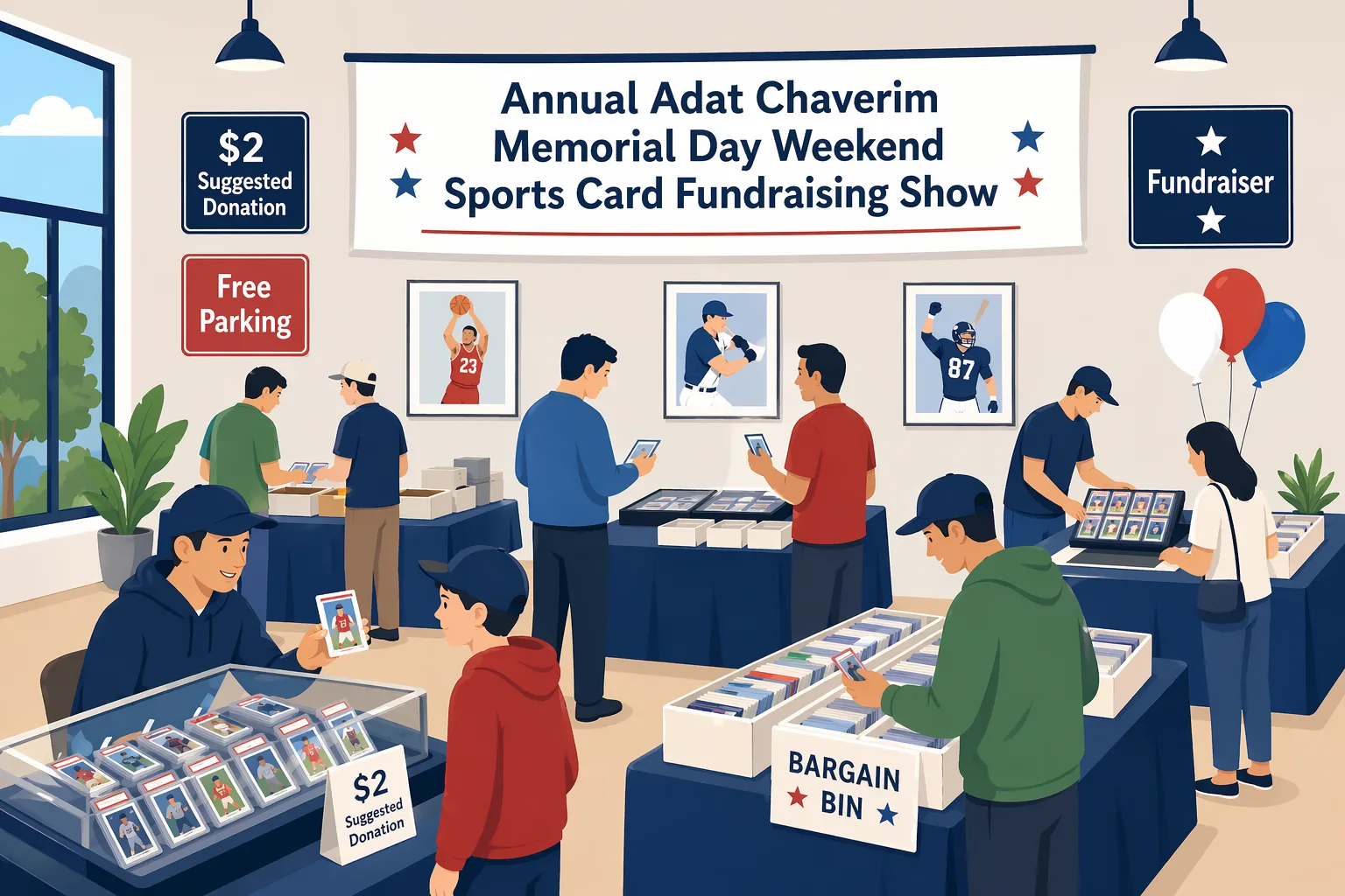 Illustration of the Annual Adat Chaverim Memorial Day Weekend Sports Card Fundraising Show in Plano, Texas, showing a small community sports card event with vendor tables, display cases, and collectors browsing in a friendly local setting.