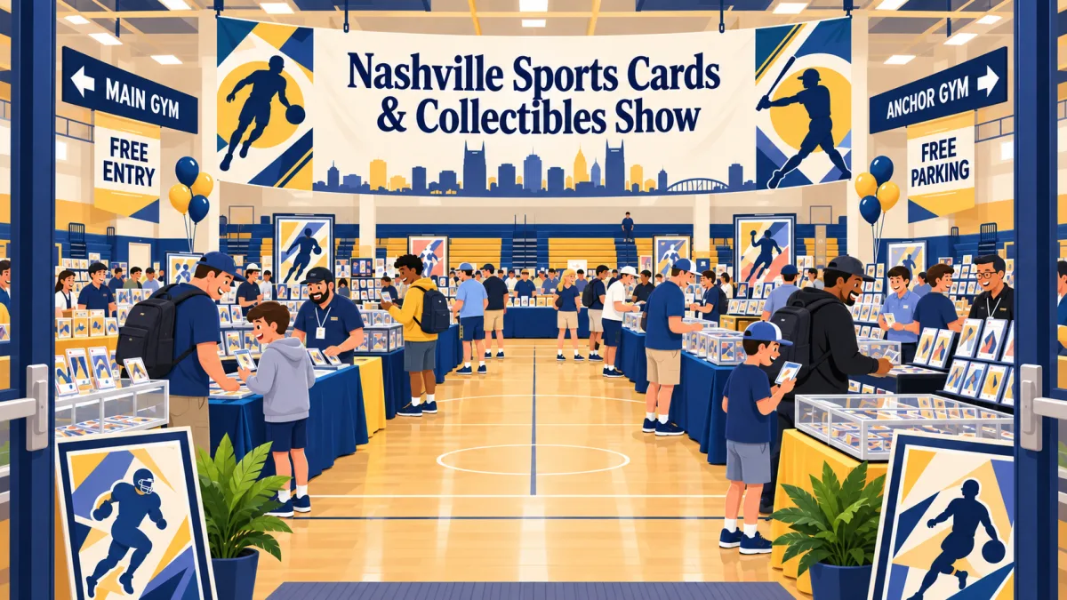 Collectors browse trading card tables and display cases in a school gym beneath a Nashville Sports Cards & Collectibles Show banner. Signs point toward the Main Gym and Anchor Gym.