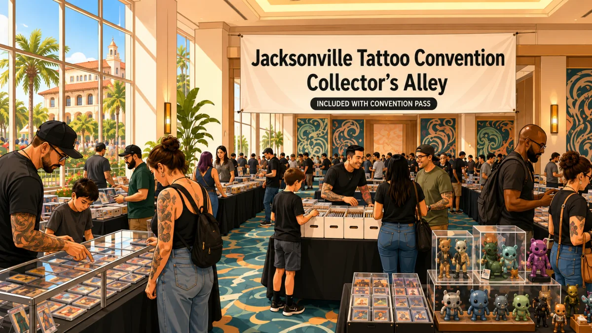Illustration of collectors browsing cards, comics, and toys inside a resort convention hall beneath a Jacksonville Tattoo Convention Collector's Alley banner.