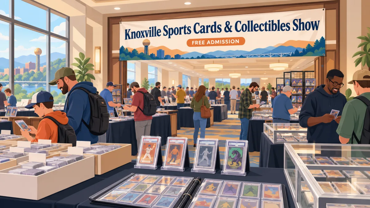 Illustrated Knoxville hotel card show with collectors browsing card tables beneath a Knoxville Sports Cards & Collectibles Show banner.