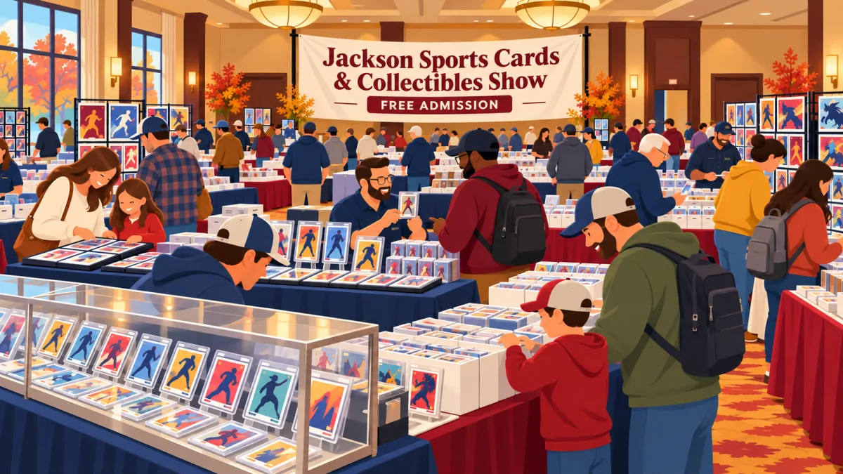 Collectors browse card displays and vendor tables beneath a Jackson Sports Cards & Collectibles Show banner inside a West Tennessee hotel conference room. Verify against the finished image.