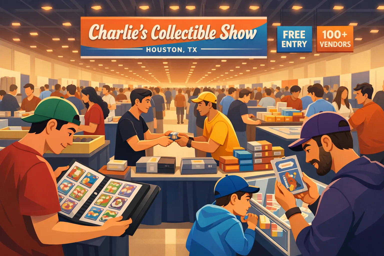 Abstract vector illustration of Charlie’s Collectible Show in Houston, Texas on March 21–22, 2026, showing a busy indoor card show with collectors browsing binders, trading cards, vendor tables, display cases, and collectibles.