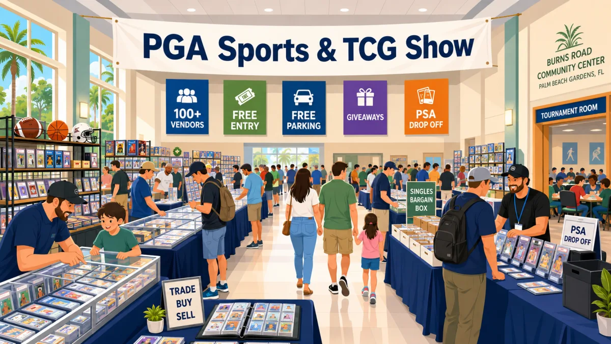 PGA Sports & TCG Show at Burns Road Community Center in Palm Beach Gardens, FL, with vendor tables of graded cards, a singles bargain box, and PSA drop-off station.