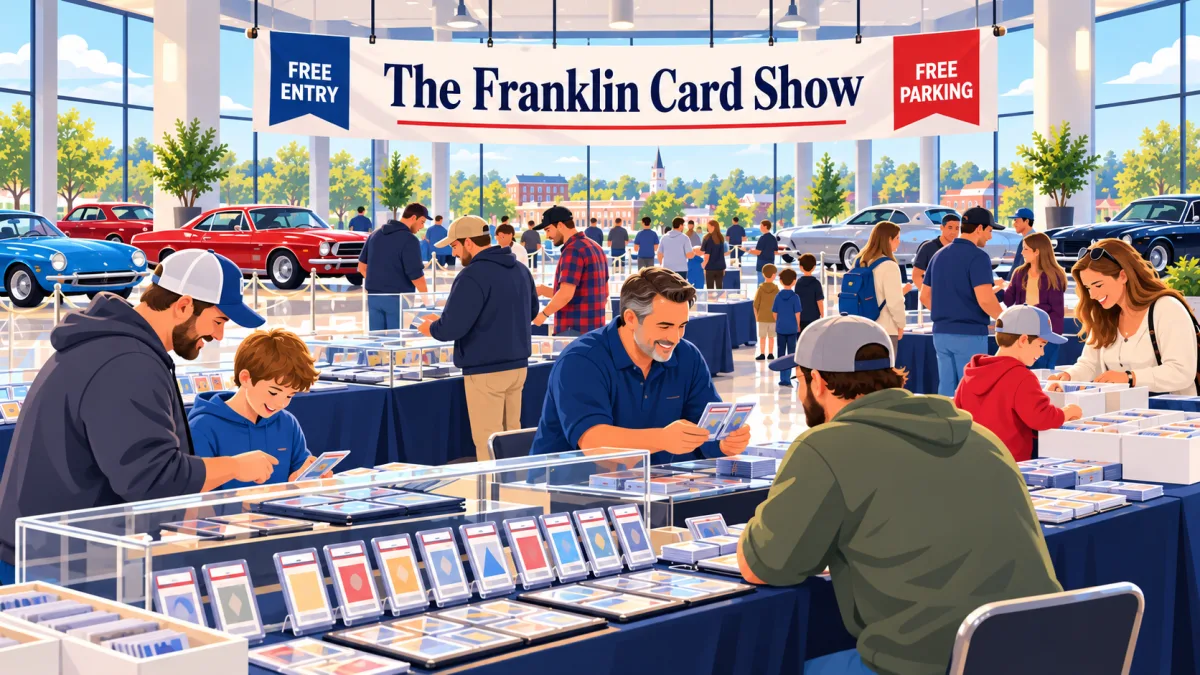 Illustration of collectors browsing card tables inside an automotive showroom beneath a The Franklin Card Show banner with free entry and free parking callouts.