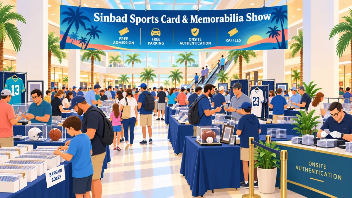 Illustration of collectors browsing card and memorabilia tables inside a Fort Lauderdale mall beneath a Sinbad Sports Card & Memorabilia Show banner, with an authentication desk nearby.