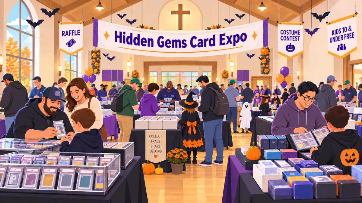 Illustrated Halloween card show inside a community event hall, where families and collectors browse vendor tables beneath a Hidden Gems Card Expo banner.