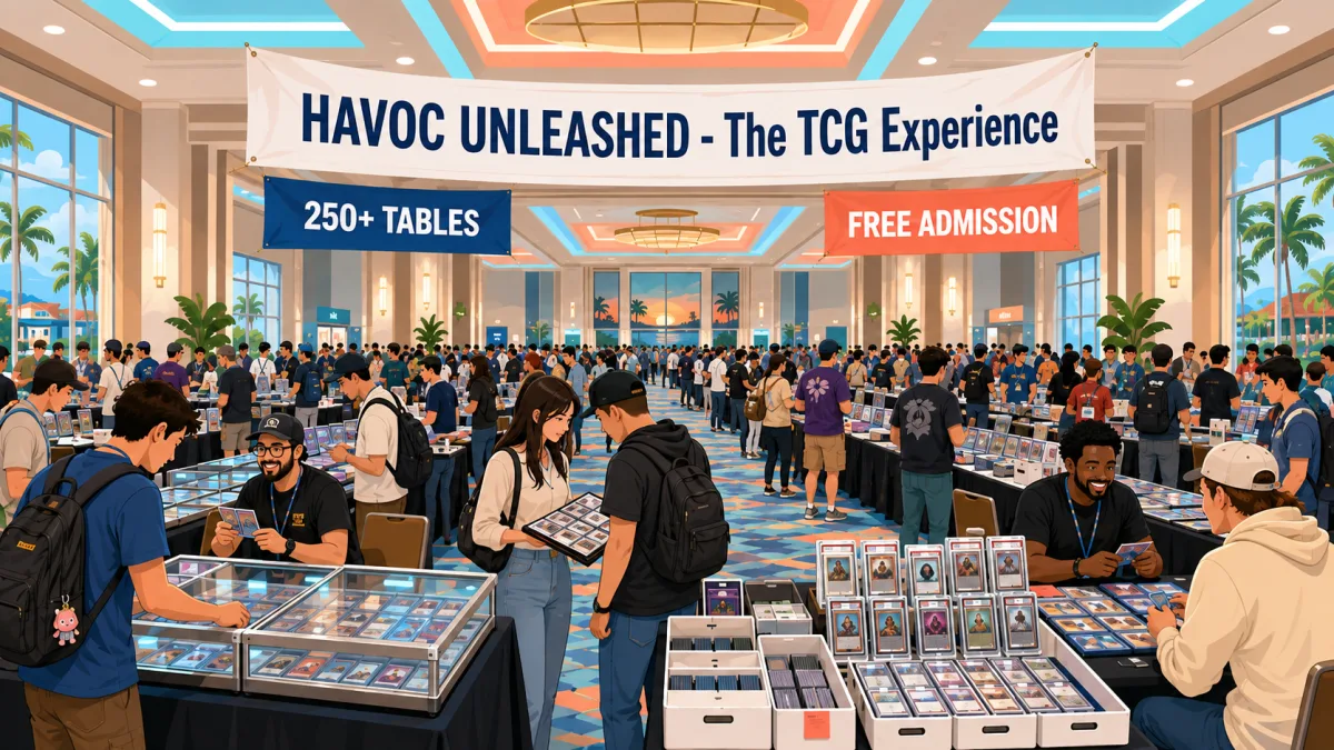 Collectors browse card displays and trade inside an Orlando resort ballroom beneath a HAVOC UNLEASHED - The TCG Experience banner with 250+ tables and free admission callouts.