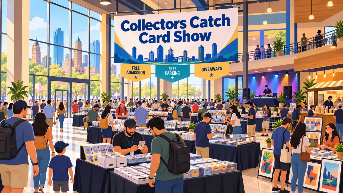 Illustration of collectors browsing card tables beneath a Collectors Catch Card Show banner inside a downtown Fort Worth community venue.