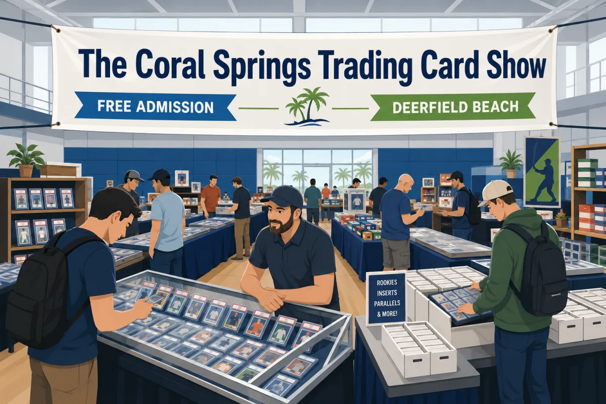 The Coral Springs Trading Card Show in Deerfield Beach, with rows of vendor tables, glass cases of graded cards, and collectors browsing an indoor arena.