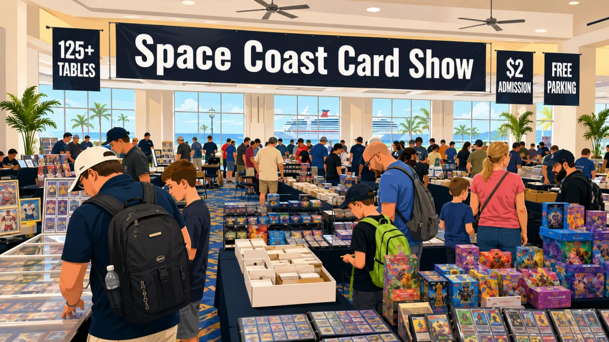 Space Coast Card Show floor with 125+ vendor tables, collectors browsing sealed boxes and binders of sports cards, cruise ship visible through the windows.