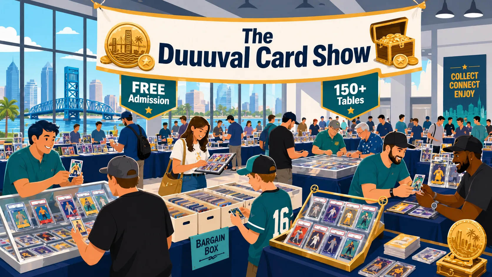 The Duuuval Card Show in Jacksonville, FL — collectors at 150+ tables browsing graded sports cards and bargain boxes, with downtown skyline backdrop.